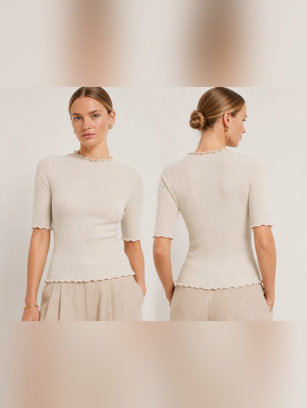Nwt Karen by Simonsen Candace Ribbed Knit Top Tee Oatmeal Lettuce Hem